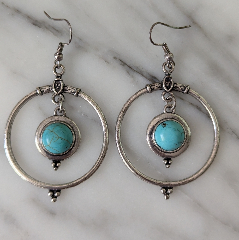 Vintage Turquoise and Silver Hoop Earrings by Marie Lifestyle Collection
